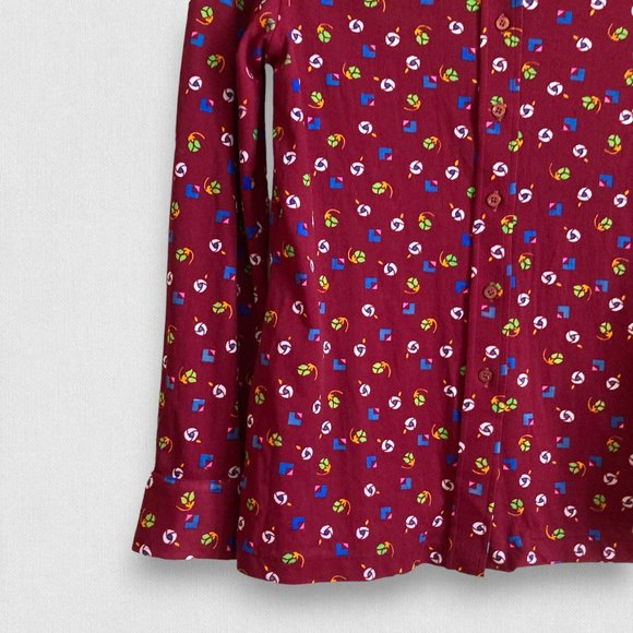 Vintage Floral Print Burgundy Retro 60's Button down Long sleeve Shirt - Picture 6 of 8